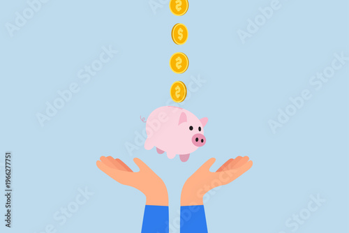 Frugality, coins in dollars fall into hand grasping piggy bank