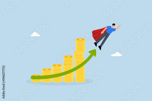 Money growth investment growing profit, businessman superhero flying up money coins stack