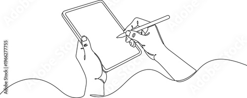 Artistic continuous line vector illustration showing hands interacting with a digital tablet using a stylus.