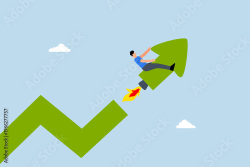 Investment growth boosting profit earning, entrepreneur ascending on soaring arrow with rocket propulsion
