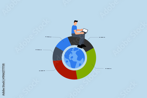 Global portfolio asset allocation, entrepreneur uses laptop to analyze global pie chart