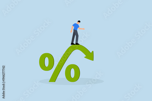 interest rate falling down, businessman on percentage sign with falling down