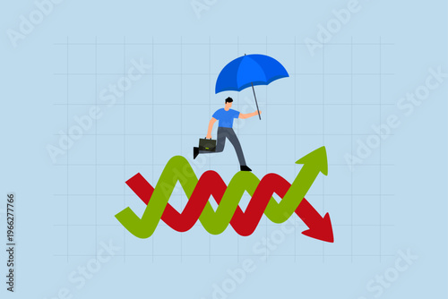 Survive and thrive in stock market volatility investment, entrepreneur with umbrella dashes across fluctuating chart