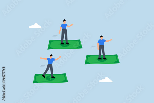 Cash flow, business people riding flying money banknotes