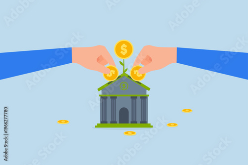 Mutual funds investment, businessman hand put coin into bank growing money plant