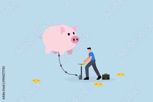 investment growth, businessman inflate piggy bank to be bigger