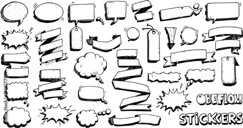 Hand-Drawn Doodle Stickers: Speech Bubbles, Banners, and Labels - Isolated Vector Illustration