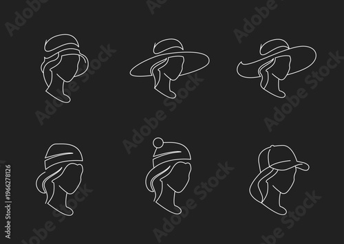 Women's Hat Styles Line Art Illustration Set. Minimalist outline vector drawings of various fashionable headwear, including wide-brimmed hats, cloches, beanies, and baseball caps.
