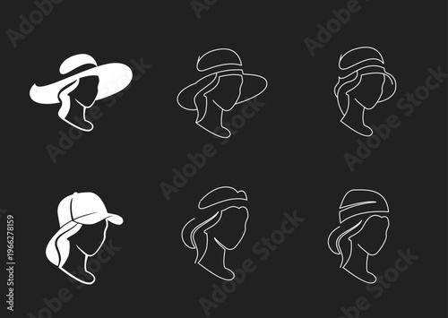 Set of vector illustrations featuring women's heads wearing diverse hats