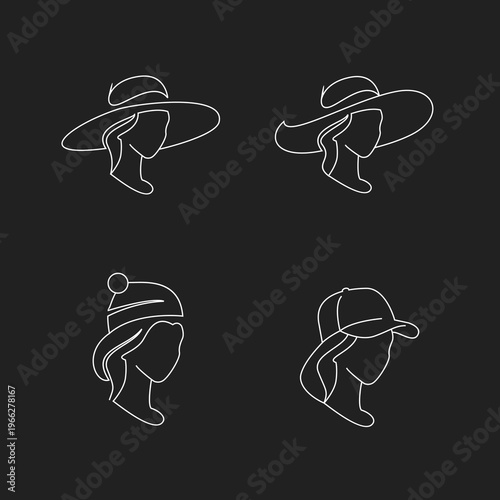 Set of Minimalist Line Art Icons: Women's Hats and Headwear