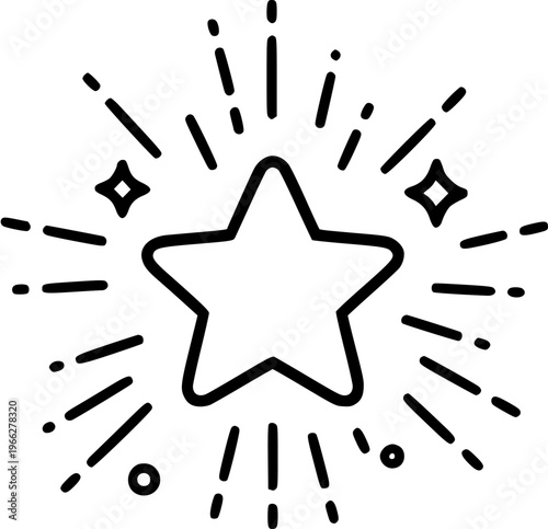 Hand-drawn doodle icon of a shining star with radiating lines and sparkles, symbolizing success, celebration, or a premium quality award.