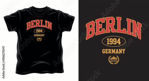 Berlin varsity t-shirt design with 1994 date and Brandenburg gate icon in red and yellow colors t-shirt design print illustration