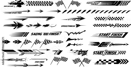 Racing Speed Design Elements Vector Set: Arrows, Checkered Flags, Finish Lines  Decals for Sports, Car  Auto Graphics