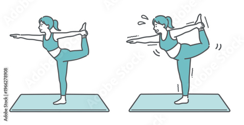 笑顔でヨガのダンサーのポーズをする理想体型の女性と苦戦するぽっちゃり体型の女性の比較セットイラスト