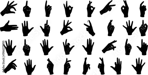 Hand Gestures Silhouettes. Set of various arm and finger signs, showing different counts, signals, and expressive poses in black on white.