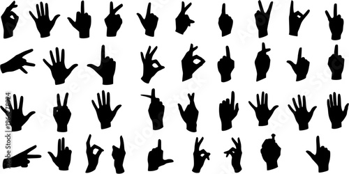 Diverse collection of human hand gestures and signs, presented as black silhouettes on a white background, depicting communication, counting, and expressive signals.