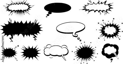 Black and White Comic Speech Bubbles, Thought Balloons, and Explosion Bursts Set. Cartoon Style Graphic Elements for Dialogue, Action, and Thinking