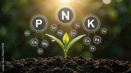 Central plant sprout with large NPK and smaller trace element digital tags in sunlight.