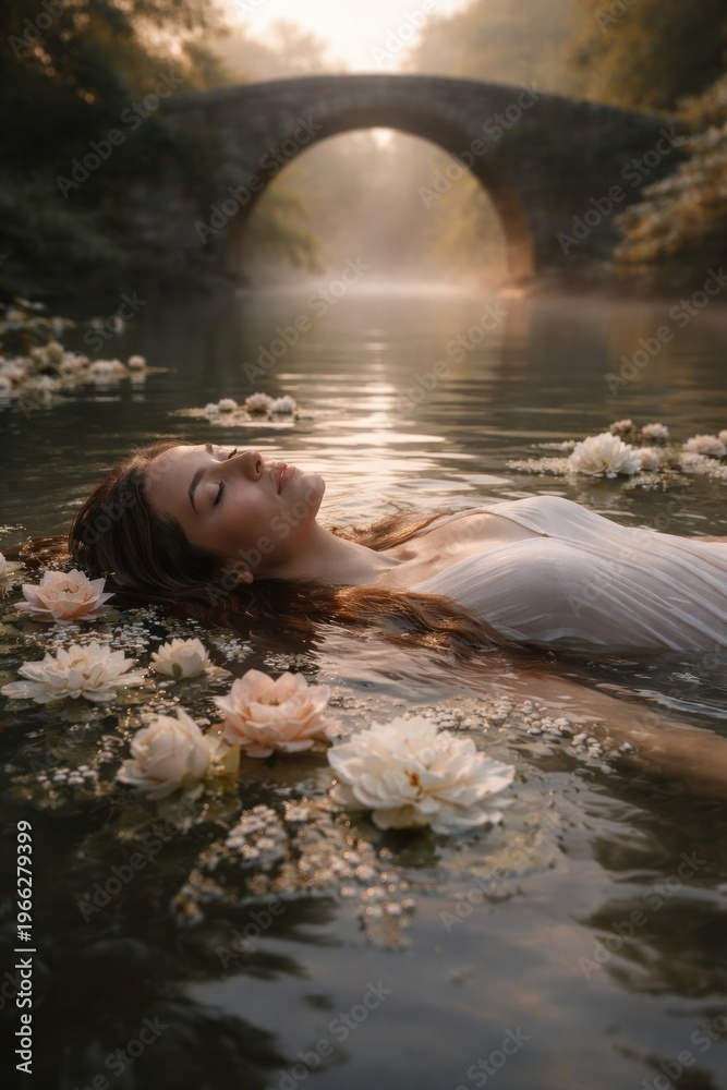 Fototapeta premium Serene woman floating among flowers.