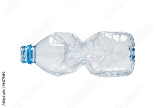 A severely compressed transparent pet plastic beverage bottle with a blue ring isolated on a transparent background. Concept of plastic waste and recycling