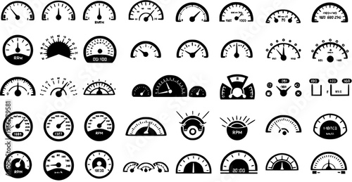 Car speedometer and dashboard gauges icon set. Collection of simple vector tachometer, speed, fuel, and performance meter signs for auto interface.