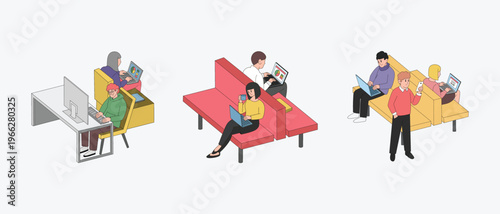 Isometric illustration bundle of coworking workspace scenes with business people using laptops set of 3