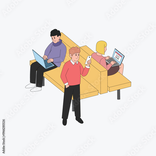 Three young professionals using laptops and mobile phone on yellow bench in coworking space isometric illustration