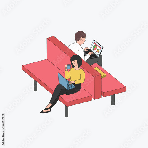 Two professionals working on laptops on red modular bench in coworking lounge isometric illustration