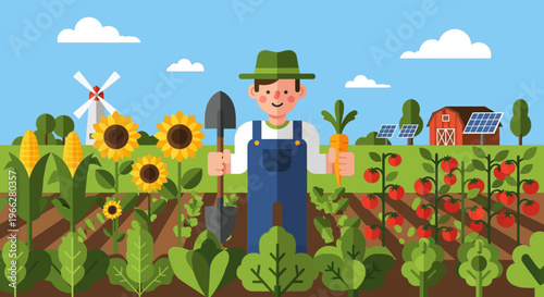 Farmer standing in a vegetable garden.