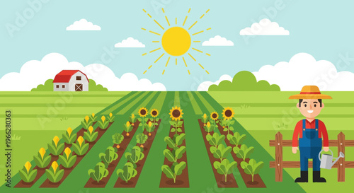 Farmer standing next to sunflower field.