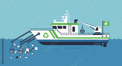 Green recycling boat collecting ocean trash.