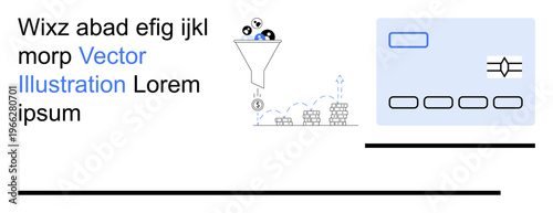 Data processing, information sorting, data filtration, digital tools, organization tools, conceptual . Graphic of a funnel filtering data and interface elements. Data processing and information