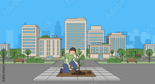 Man Planting Small Tree in City.