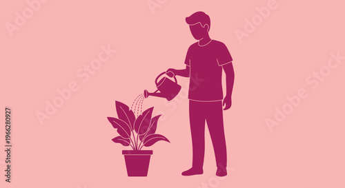 Man watering potted plant with care.