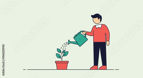 Man watering a potted plant slowly.