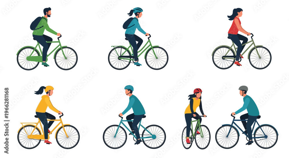 Fototapeta premium People Riding Bicycles in Various Poses.