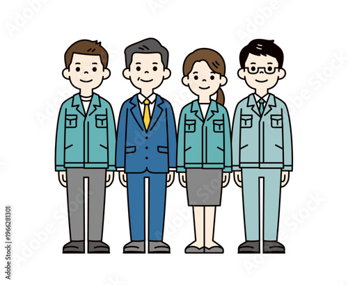 工場の経営者・社長と女性事務員・作業服を着た男性従業員の全身ベクターイラスト素材セット