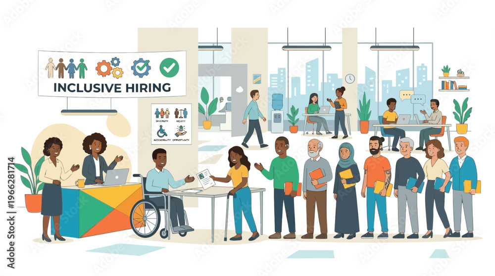 Fototapeta premium Inclusive Hiring Panel Supporting Diverse Workforce in Modern Office