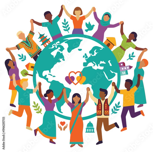 Diverse Group of People Holding Hands Around Globe in Unity