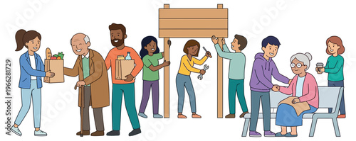 Diverse People Waiting in Line at Food Bank for Assistance