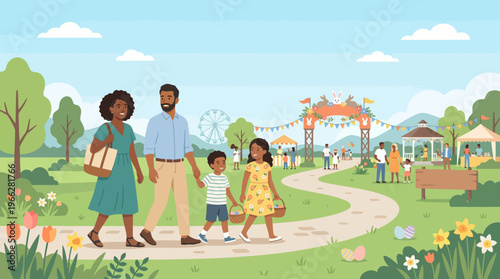 Happy African American Family Walking in Spring Festival Park, Easter Egg Hunt Vector Illustration