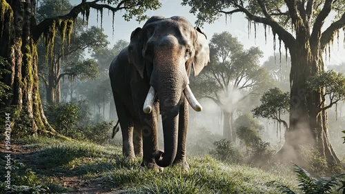 Elephant Walking Through Misty Forest Landscape.