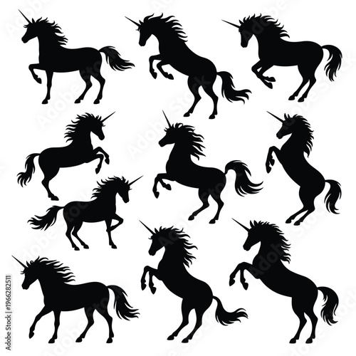 Silhouette collection of playful unicorns in various dynamic poses