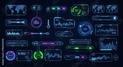 Futuristic digital interface elements with graphs, charts, and world maps on a dark background, representing data visualization and technology.
