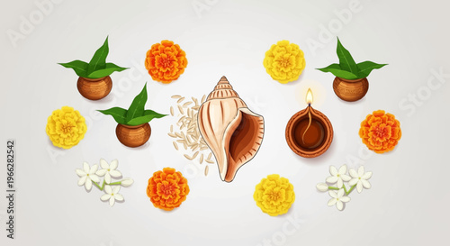 A traditional Indian religious arrangement featuring a conch shell, a diya lamp, marigolds, jasmine flowers, and potted plants.