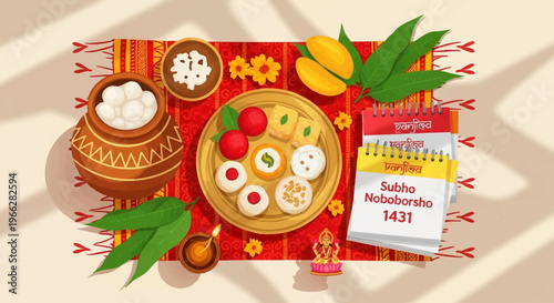 A vibrant illustration of Bengali New Year (Pohela Boishakh) with traditional sweets, mangoes, and a calendar.