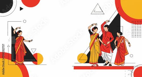 A vibrant illustration depicting a group of people in traditional Indian attire engaged in a lively dance, set against a backdrop of abstract geometric shapes and bold colors.