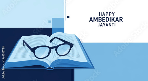 An open book with eyeglasses on top, celebrating Ambedkar Jayanti with text "Happy Ambedkar Jayanti".