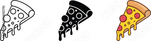 Delicious pizza slice icons including outline silhouette and colorful cartoon pepperoni flat designs