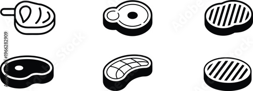 Set of six isometric steak icons representing different cuts and grilling styles for food service industry